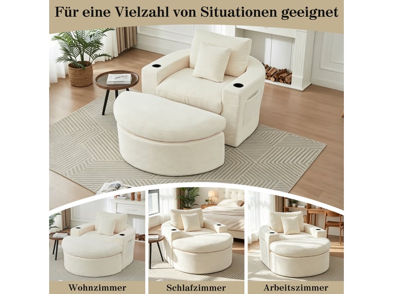  Fauteuil rond en velours côtelé, avec pouf, sans ossature rigide, assise à double couche pour les moments de repos  - Conforama E