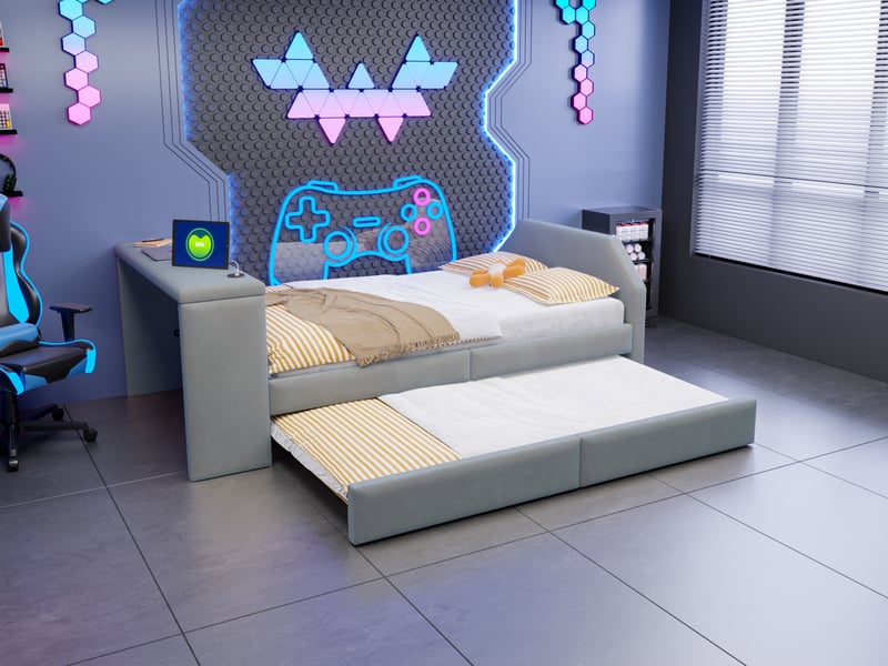 Lit enfant 90 x 200 cm avec bureau intégré, port de chargement usb et lit d'appoint gigogne, velours gris - Conforama B