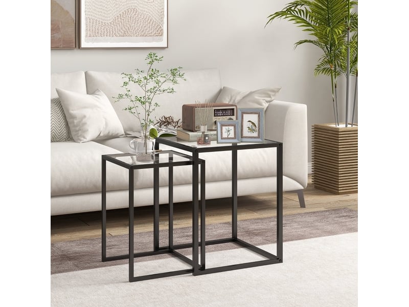  Tables d'appoint gigognes modernes lot de 2 avec plateau en verre trempé et structure en acier noir pour salon  - Conforama B