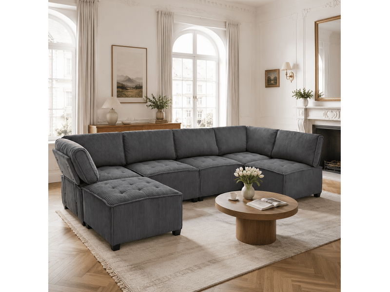 Canapé modulable modenvie 6 places en velours côtelé gris, convertible en canapé-lit, rangement, 308 x 154 x 81,99 cm - Conforama B