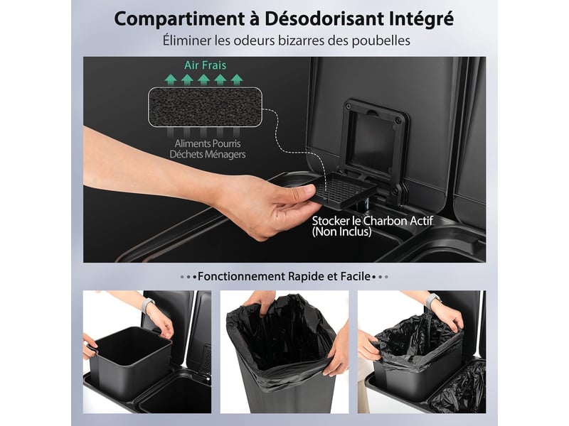  Poubelle tri 60l, poubelle à domicile avec 2 compartiments 30l, compartiment désodorisant intégré et cadre résistant(blanc,60l-2x30l)  - Conforama D