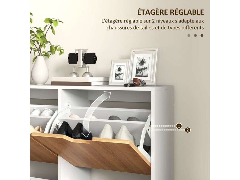  Meuble à chaussures 4 abattants 16 paires avec étagère réglable pieds en bois de pin 95 x 26 x 95 cm naturel  - Conforama E