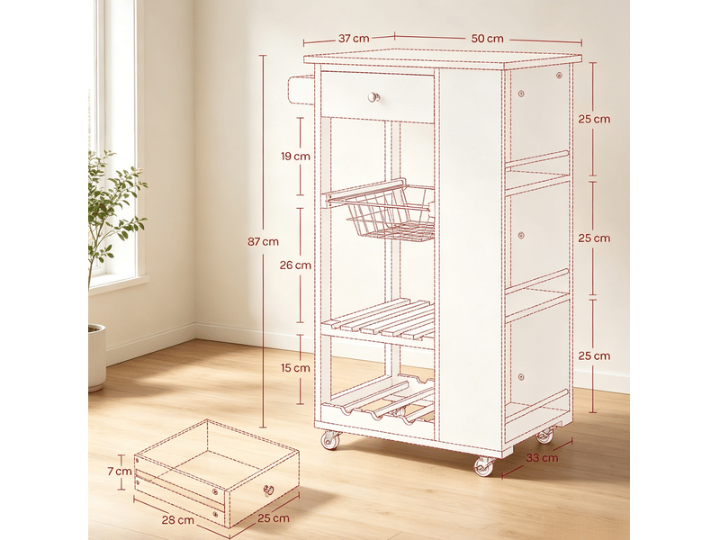 Desserte de cuisine 56,5 x 37 x 87 cm blanche et bambou, 4 roulettes avec freins et rangements - Conforama C