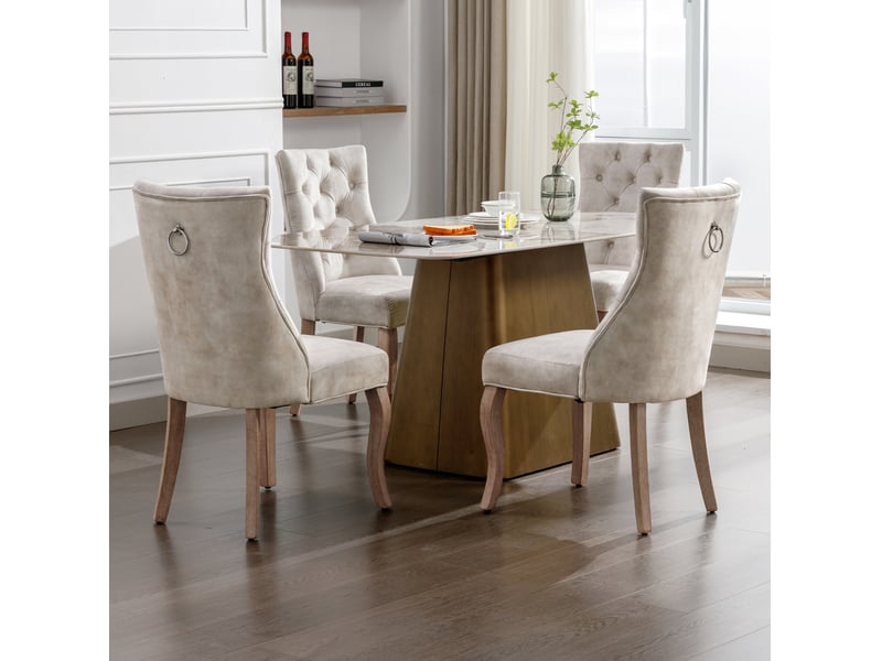  Chaise de salle à manger 4 pcs, dossier haut, matelassage à boutons, pieds en bois, revêtement velours beige  - Conforama D