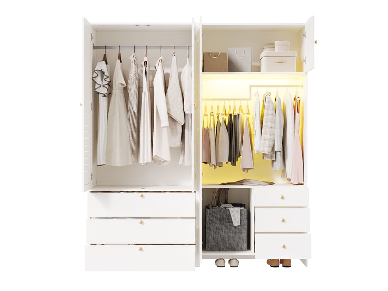  Armoire dressing modenvie 180 x 50 x 200 cm blanche avec éclairage led, 2 tringles, panier à linge et 6 tiroirs  - Conforama A