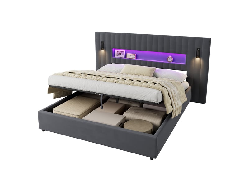  Lit coffre 180x200 cm rembourré en velours, avec led et ports usb, gris foncé, sans matelas  - Conforama A