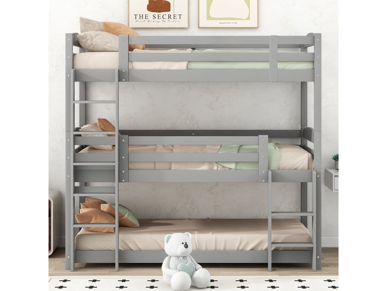  Lit superposé triple, 90x200 cm, configuration superposée, pour enfants, matelas non inclus, bois et mdf, coloris gris  - Conforama D