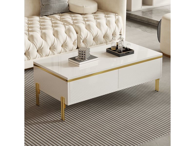  Table basse 100x50x36 cm avec 2 tiroirs sur deux côtés, pieds en métal et panneaux de particules brillants, blanc et doré ABC - Conforama B