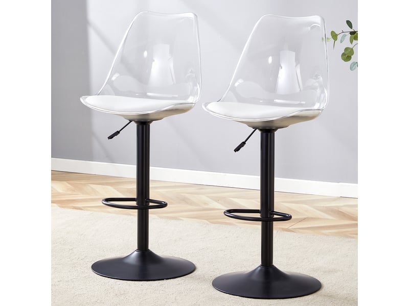 Lot de 2 tabourets de bar transparents, hauteur réglable 60-80 cm, pivotant à 360 degrés, pieds en métal noir - Conforama R