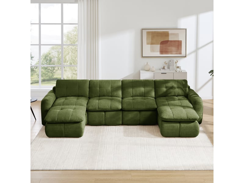  Canapé d'angle en u 4 places sans cadre, canapé modulaire, housse chenille verte, sans montage, 2 poufs pour salon et appartements  - Conforama B