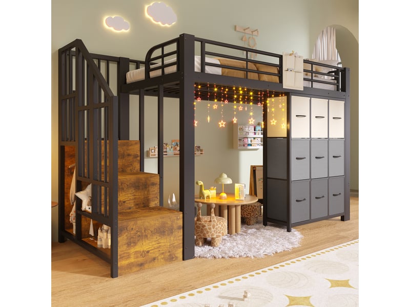  Lit mezzanine 90x200 cm en métal et mdf avec tiroirs, penderie et escalier de rangement noir et blanc chicfurn  - Conforama B