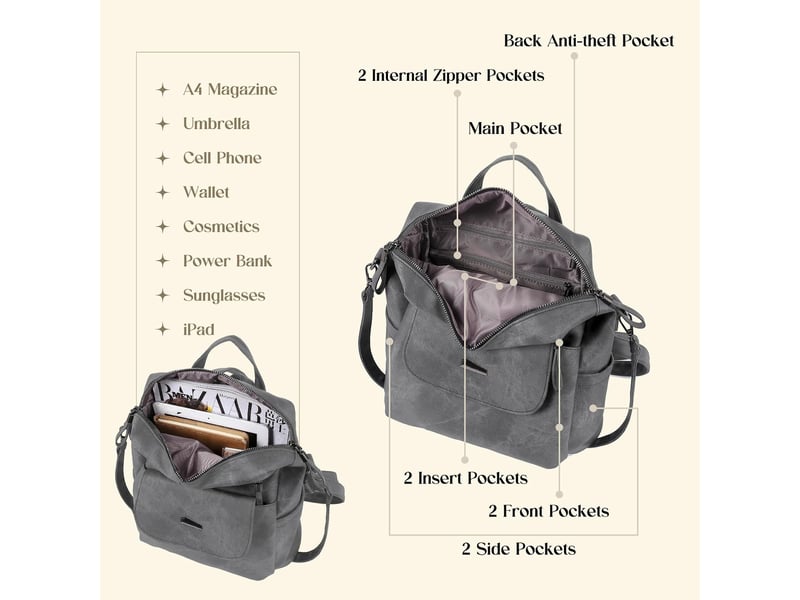 Sac à dos femme en cuir, petit format – imperméable, anti-vol, bandoulière pour ladies-gris  - Conforama C