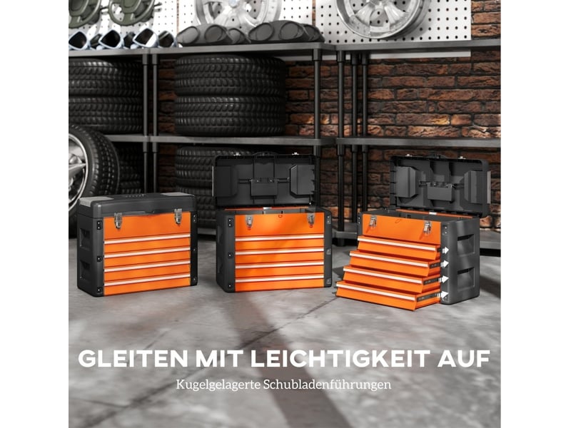  Boîte à outils vide 49,7 x 25,3 x 40,7 cm orange, acier et plastique, 4 tiroirs, rangement d'atelier  - Conforama E
