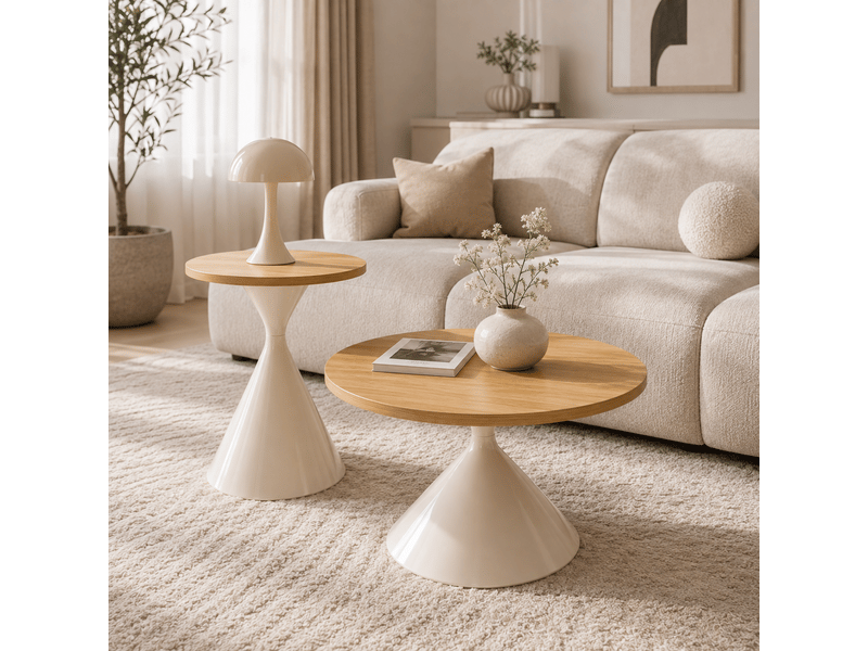  Lot de 2 tables basses rondes, effet bois, pied acier carbone crème, ø70×40 &amp; ø50×50 cm  - Conforama B