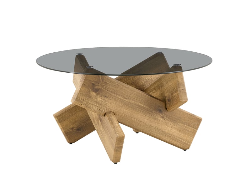  Table basse ronde avec plateau en verre trempé et piètement géométrique en mdf pour salon, bois clair ø 79 cm × h 45 cm  - Conforama A