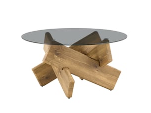 Table basse ronde avec plateau en verre trempé et piètement géométrique en mdf pour salon, bois clair ø 79 cm × h 45 cm