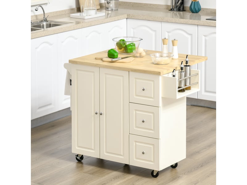  Desserte îlot de cuisineplateau rabattable 3 tiroirs 1 placard porte-torchons et porte-épices blanc 111,5 x 75 x 89 cm  - Conforama D
