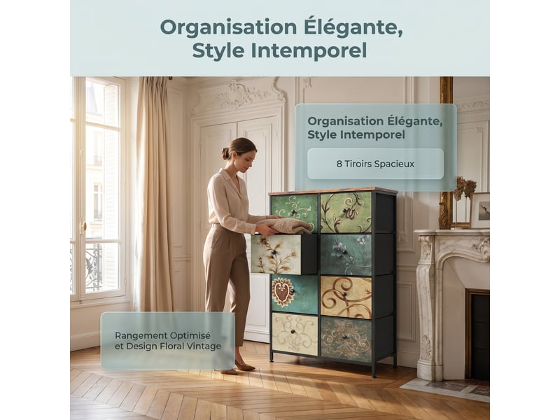  Commode 8 tiroirs, commode de rangement, tissu floral,structure en métal,pour salon, chambre, style bohème,67,5 x 30 x 100 cm  - Conforama R
