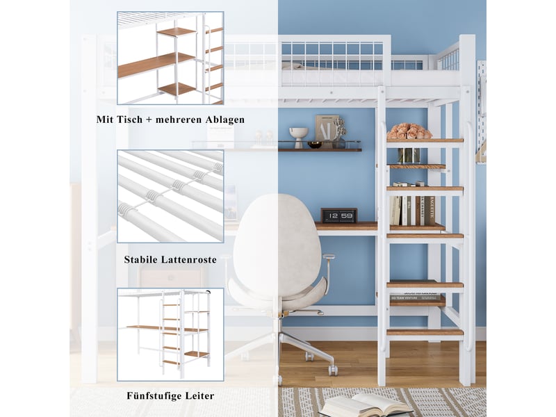  Lit mezzanine 90x200 cm avec bureau, étagères et échelle 5 marches, structure en métal et mdf, coloris blanc et naturel.  - Conforama D