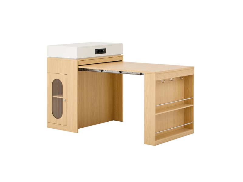  Îlot de cuisine extensible à roulettes avec prises, mdf et verre, naturel  - Conforama A