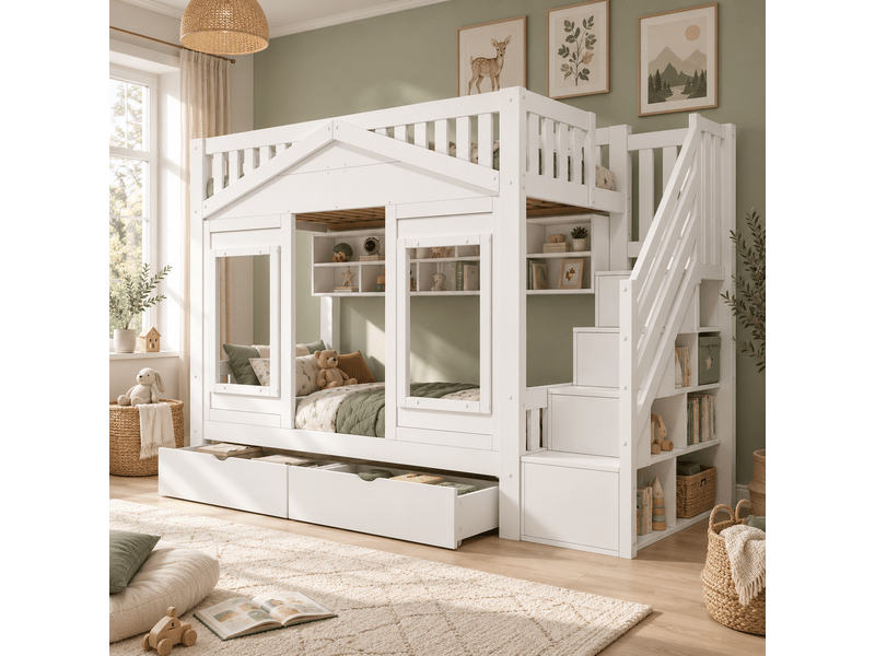 Lit superposé 90 × 200 cm blanc en pin, avec 1 tiroir, escalier rangement, fenêtre, barrières, p 254 cm - Conforama D