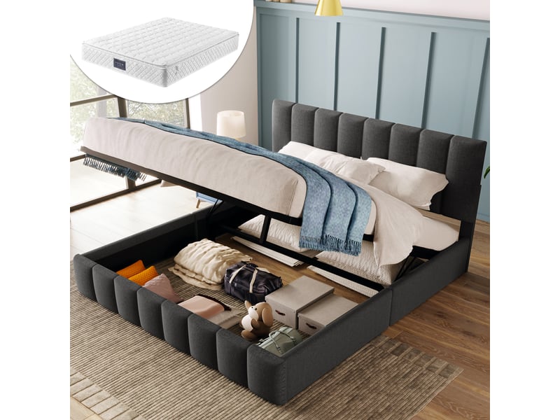  Lit coffre 140x200 avec matelas inclus, en lin gris, tête de lit réglable  - Conforama B