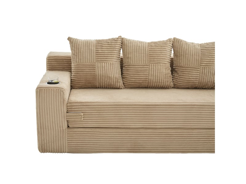  Canapé modulaire 2 places avec porte-gobelets et poches latérales, sans cadre en velours côtelé kaki  - Conforama E