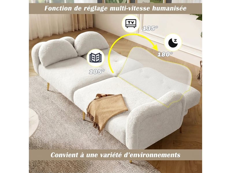  Canapé lit 2 places convertible moderne tissu bouclette blanc dossier réglable  - Conforama C