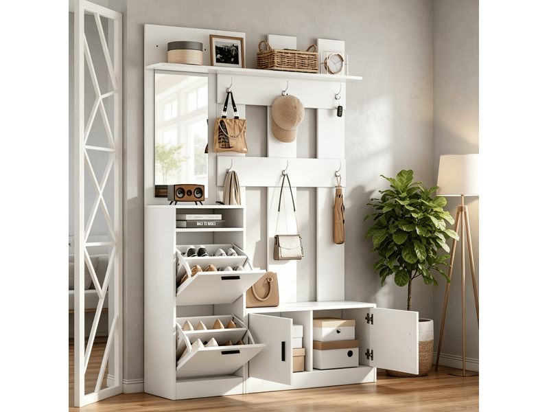  Meuble d'entrée avec miroir, 2 portes, 2 abattants à chaussures, 6 crochets et banquette, blanc, 120 × 30 × 180 cm  - Conforama C