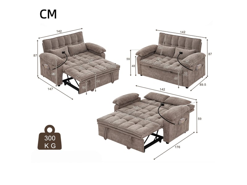  Canapé droit 3-en-1 de 142 cm de large, convertible avec fonction chaise longue, deux coussins lombaires, plateau et porte-gobelets, marron  - Conforama C
