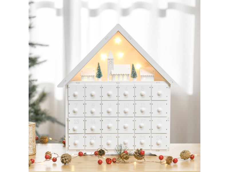  Calendrier de l'avent en bois à remplir, avec 24 tiroirs et village de noël décoré de sapins et de lumières, 39 x 9 x 42 cm  - Conforama D