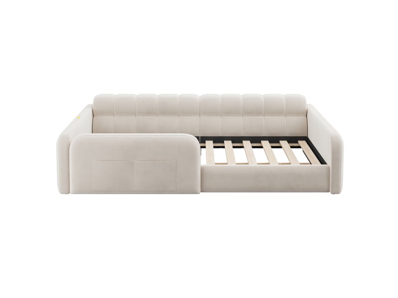Lit enfant 90x200 cm beige en velours avec tête de lit sofa, veilleuse, usb-c, tiroir et barrières - Conforama E