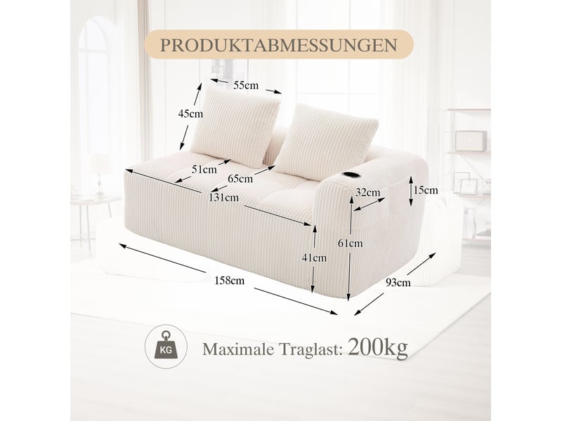  Canapé droit 2 places en velours côtelé beige avec poches latérales et porte-gobelets  - Conforama E