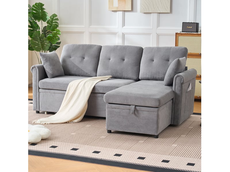  Canapé d'angle convertible réversible 3 places avec coffre en chenille gris, 206 × 130 × 85 cm  - Conforama D