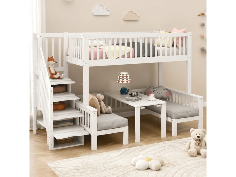  Lit superposé enfant blanc avec escalier de rangement et table rabattable 90 x 200 cm et 120 x 200 cm  - Conforama B