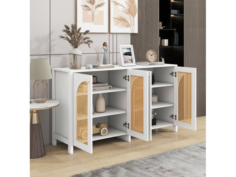 Buffet bas 4 portes blanc avec façades en pe façon rotin et poignées en métal, 145 x 40 x 80 cm - Conforama C