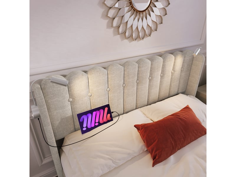  Lit coffre,160x200 cm,avec liseuse et usb,lin,beige  - Conforama E