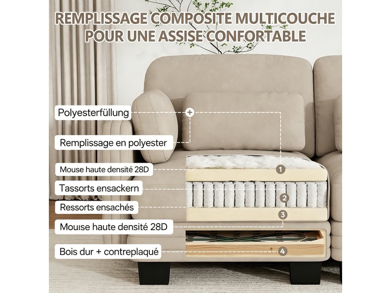 Canapé d’angle en l 3 places, configuration modulaire, tissu chenille doux, coussins de soutien lombaire et d’accoudoir fournis, 253 × 143 × 88 cm, marron clair - Conforama E