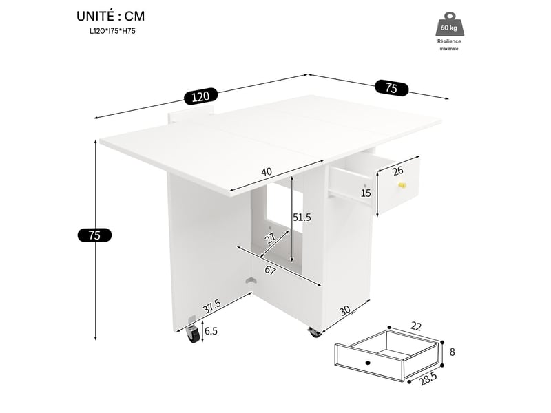 Table à manger pliable en mdf blanc avec rangements et roulettes 120x75x75 cm - pangivo - Conforama C