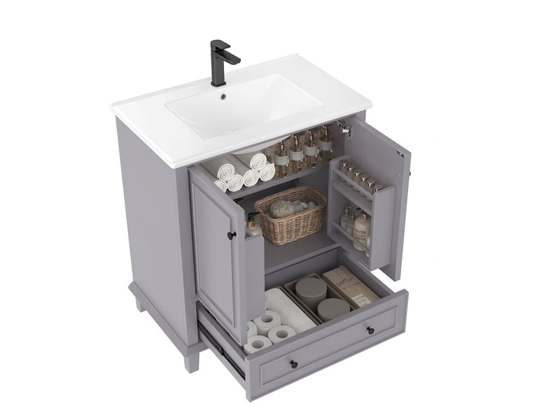  Meuble salle de bain gris 76x46x87cm meuble vasque sur pied avec pieds en bois massif  - Conforama A