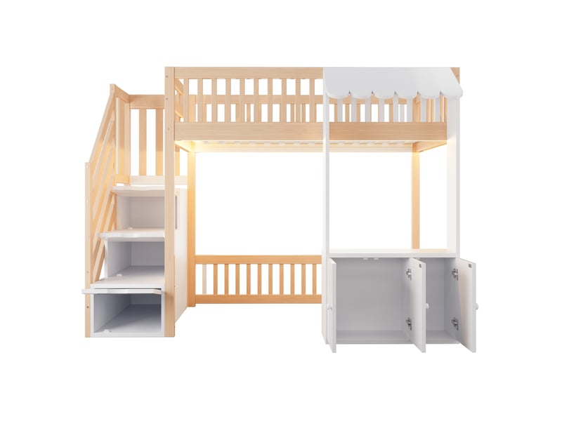  Lit mezzanine enfant 90x200 cm – bois clair et blanc – escalier rangement, led multicolores – sans matelas  - Conforama D
