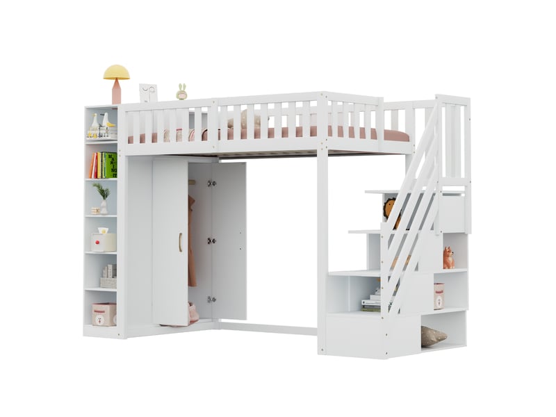  Lit mezzanine enfant 90 x 200 cm blanc avec armoire, étagères et escalier de rangement  - Conforama A