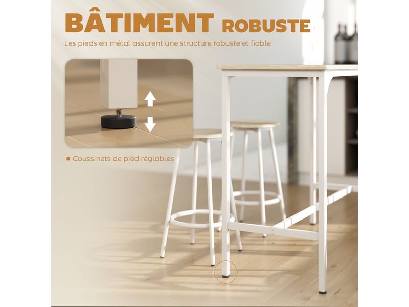  Ensemble table haute et 4 tabourets avec style repose-pieds moderne, structutre en métal effet bois naturel  - Conforama R