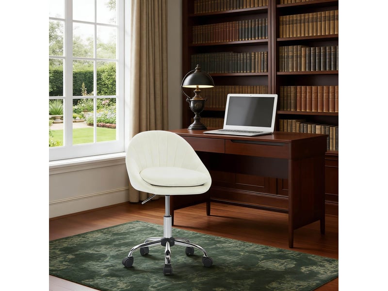  Chaise de bureau beige en velours réglable en hauteur, pivotante à 360° avec roulettes, confort au quotidien  - Conforama E