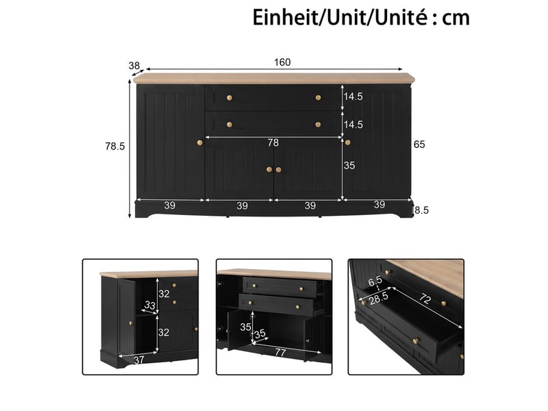 Commode 4 portes et 2 tiroirs, 160 x 38 x 78,5 cm, tablettes ajustables, poignées en fer, design contemporain à lamelles, noir  - Conforama C