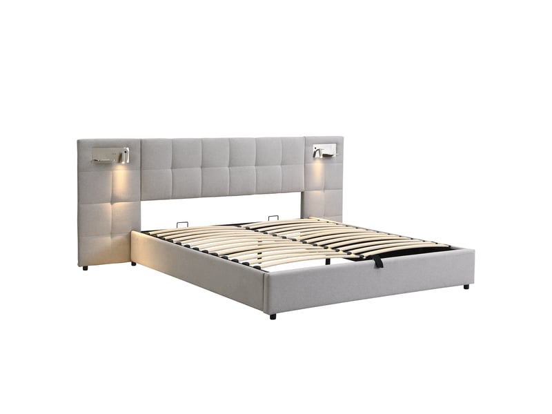  Lit rembourré 180 x 200 cm, sommier hydraulique, avec port usb, chargeur sans fil, lampe d'éclairage et espace de rangement, pour adultes et adolescents, sommier à lattes en bois, montage facile, lin, gris  - Conforama E