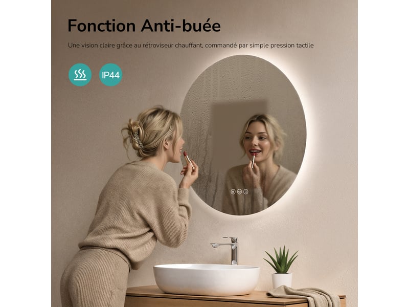 Emke miroir de salle de bain led rond diamètre 80 cm, anti-buée, rétro-éclairage sans cadre, interrupteur tactile, 3 couleurs de lumière - Conforama D