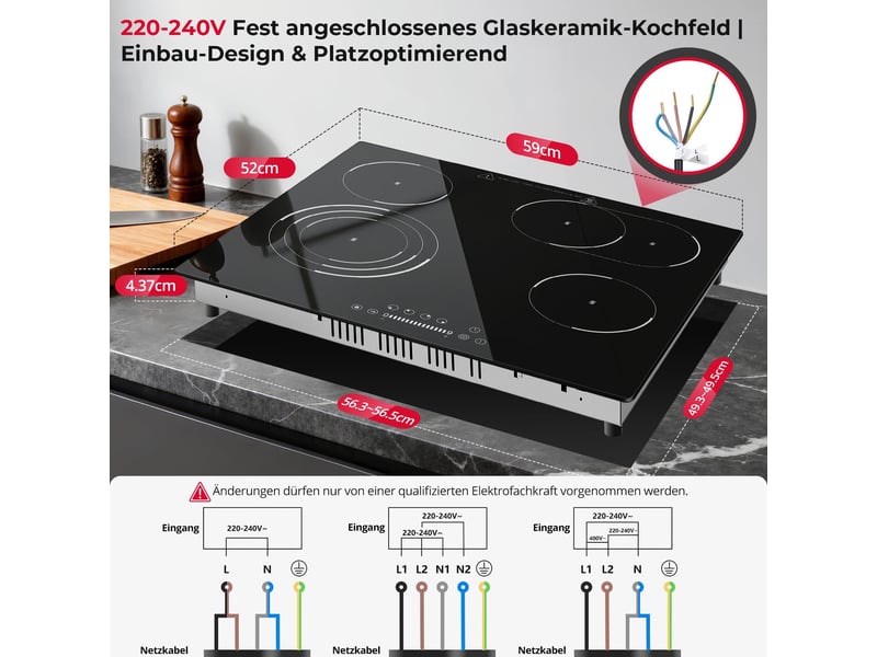  Plaque vitrocéramique 4 foyers 60 cm, zone ovale et triple, 6700 w, 9 niveaux, minuterie, commandes tactiles et sécurité enfant  - Conforama C