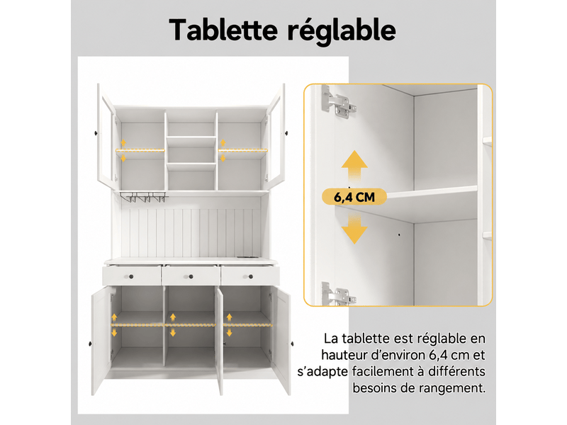  Buffet haut 120x40x191 cm avec portes vitrées, porte-verres, tiroir et rangement réglable, prises usb-c et usb-a, blanc OMNIGLINT TRADING LTD - Conforama E