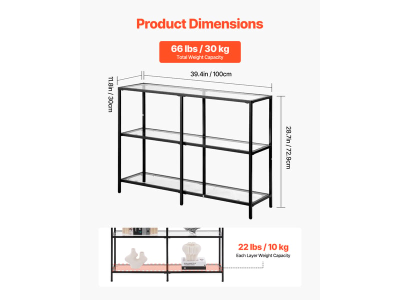  Vevor table console verre 3 niveaux, rectangulaire, moderne, noir.  - Conforama C